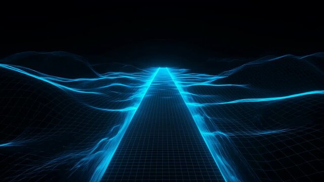 Futuristic Digital Wave Animation. Vivid Blue Digital Waves Displaying Futuristic Technical Landscapes