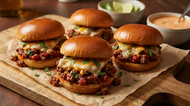 Four delicious sloppy joe sliders with melted cheese and fresh cilantro on a wooden cutting board with a side of sauce and lime wedges in bowls