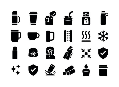 Thermos Travel Mug Banner. Solid glyph icon set of travel mugs features: thermos, tumbler, flip lid, straw spout, lock cap, bottle, mug, cup, handle, insulation, heat, cold, vacuum flask, secure cap,