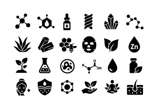 Skincare Ingredient Molecule Banner. Solid glyph icon set of skincare elements: molecule, vitamin, serum, collagen, crystal, peptide, aloe, charcoal, propolis, mask, leaf, zinc, plant, flask, cell,