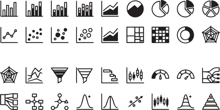 Variety of data visualization charts and graphs in a clean vector silhouette style