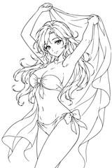 Fototapeta premium Line drawing of a young woman with flowing hair and a draped cloth