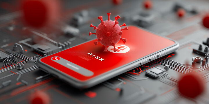Isometric mobile phone receiving unknown call with red alert symbol risk notification and cyber threat visualization illustrating digital security awareness
