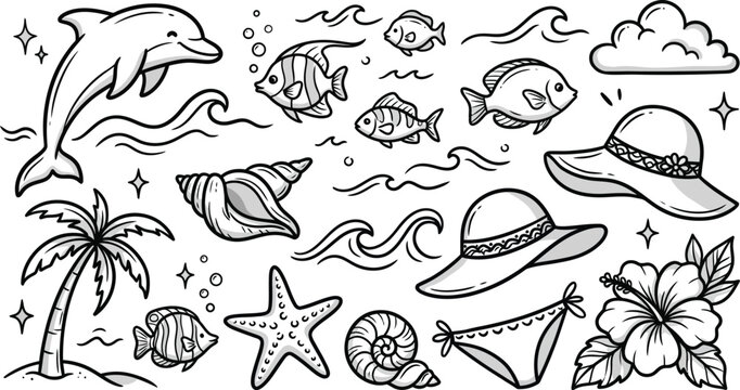 Tropical beach elements sketch dolphin fish shells hats and hibiscus