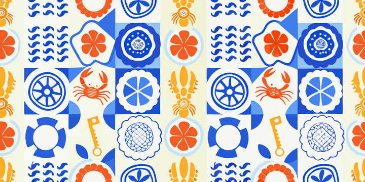 Seafood tile pattern with crab shrimp and lobster illustrations