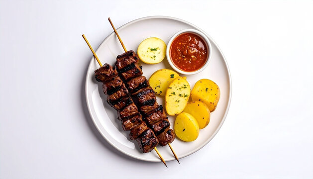 Bolivian Anticucho Beef Skewers with Potatoes on White Background