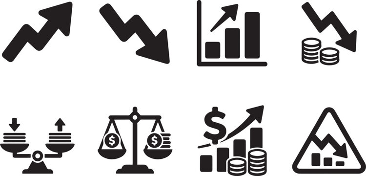 Financial Economy Growth and Market Crisis Glyph Icon Set with Bar Charts and Balance Scales