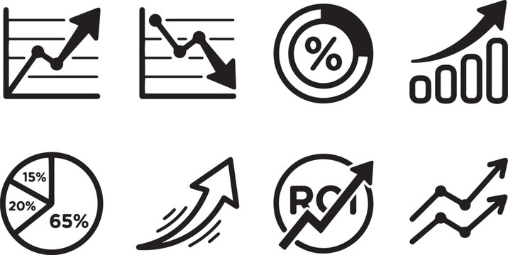 Business Data Visualization Icon Set with ROI Growth Charts and Pie Graphs