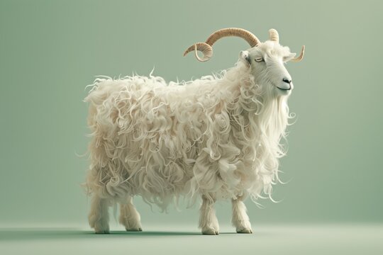 White angora goat with long curly fleece standing on pale green background, studio-lit portrait, clean minimal composition