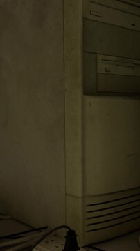 In a dark room, an old computer tower stands with dust covering its surfaces. The machine has multiple drives and a worn exterior. It appears abandoned and unused over time.