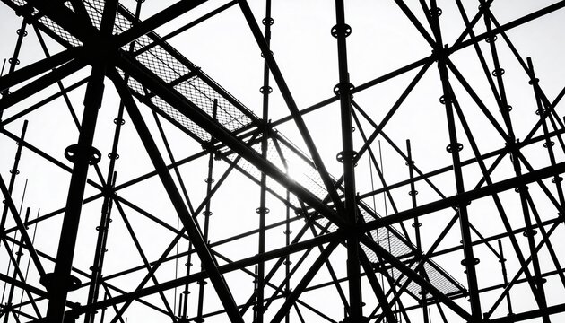 Showing metal scaffolding framework forming dense grid at building site, with grated walkway