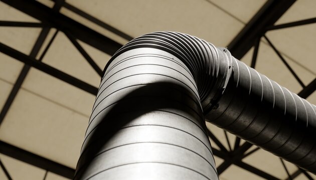 Rising large ribbed metal duct curving toward ceiling in warehouse, showing coupling and trusses