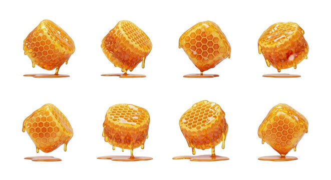 3d rendered honeycomb sections dripping with golden honey against a seamless white backdrop likely for food or ingredient visuals