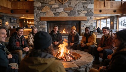 Fototapeta premium Sitting eight adults wearing winter jackets, warming hands at lodge fire pit with snowy windows