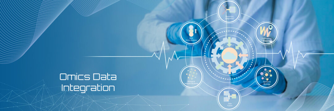Scientist working with futuristic omics data integration technology showcasing advanced bioinformatics and healthcare analytics