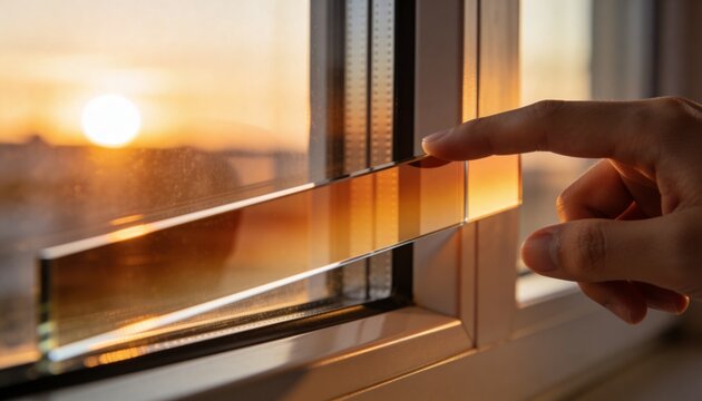 Touching hand sliding double-glazed pane at home during sunset, showing frame, spacer, copy space