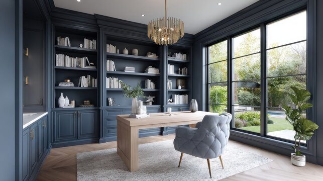 Elegant home office with dark blue built-in bookshelves and large window overlooking garden