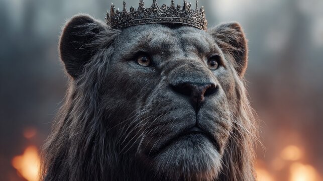 Majestic lion wearing a crown, symbolizing power and royalty in a dramatic setting