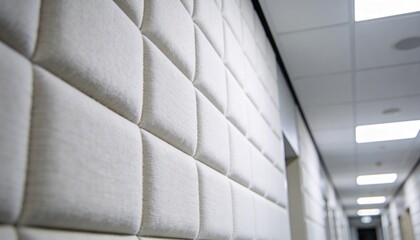 Obraz premium Highlighting quilted fabric wall panels receding along corridor, with T-bar ceiling and doorways