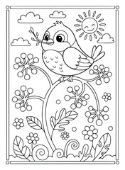 Fototapeta premium Bird is a cute cartoon character sitting on a flower branch in the garden