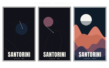 Set of three minimalist santorini travel posters with space and landscape themes vector illustration © Taky