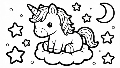 Fototapeta premium Sitting chubby cartoon unicorn floating on fluffy cloud, showing spiraled horn, stars, moon, dots