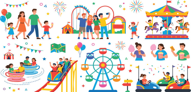 Amusement park vector set with families enjoying roller coaster ferris wheel carousel and carnival food