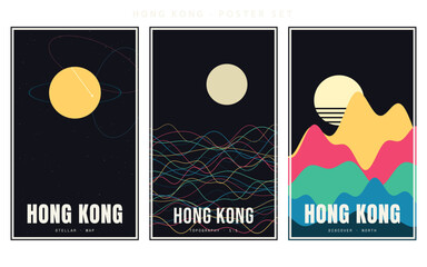 Set of three minimalist travel posters of hong kong with stellar, topography and mountain landscape themes vector illustration © Taky