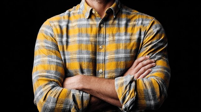 Man in yellow and gray plaid shirt with arms crossed against a black background