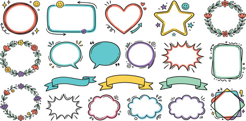 Hand drawn doodle frame set with speech bubbles ribbons floral wreaths and cute border elements © Mahan