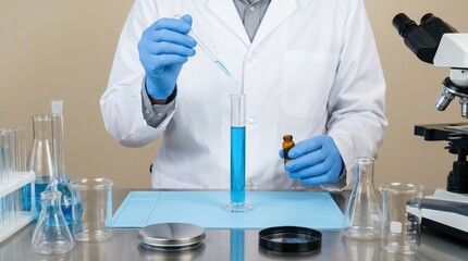 Fototapeta premium Scientist in a laboratory performing a chemical experiment with a pipette and a graduated cylinder filled with blue liquid