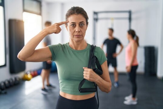 Woman making a thinking or crazy gesture while holding resistance bands in a gym