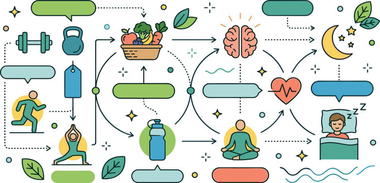 Holistic healthy lifestyle infographic with icons for fitness nutrition mental health and sleep routine