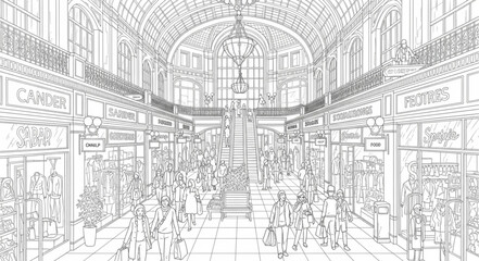 Detailed architectural sketch of a grand interior space. © Roni