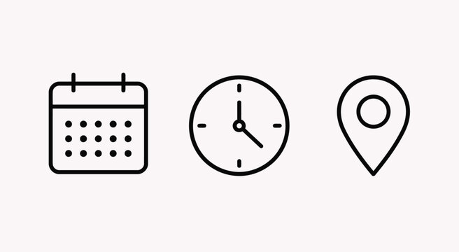 Calendar Clock and Location Pin Icons Set Simple Outline Vector Symbols
