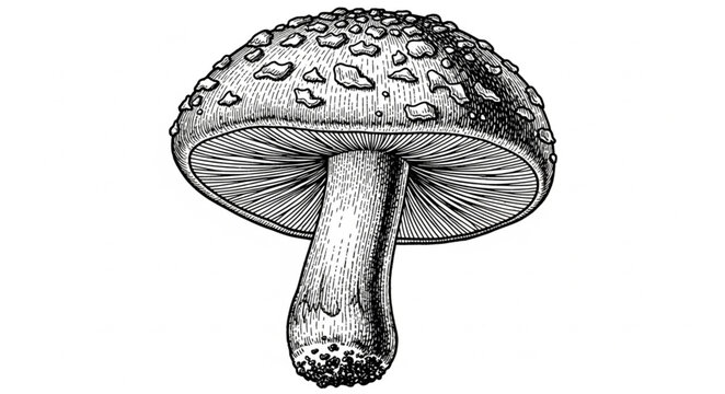 Detailed Black and White Illustration of a Mushroom.