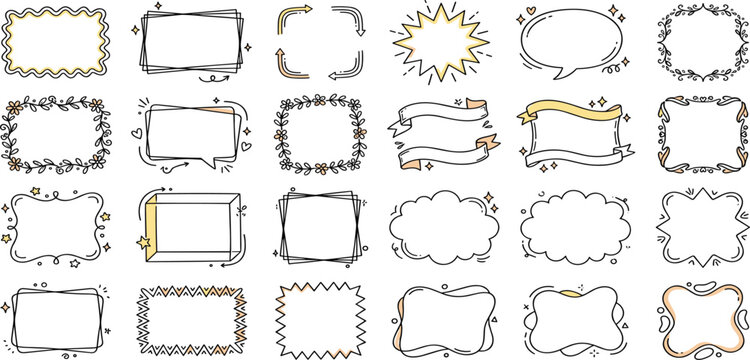 Minimalist hand drawn doodle frames and speech bubbles with floral wreaths and decorative borders