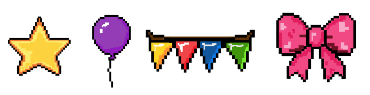 Banner  Set Pixel art party decorations including a star, balloon, bunting and bow retro 8-bit vector design graphic