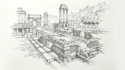 Detailed architectural sketch of a grand city square. © Roni