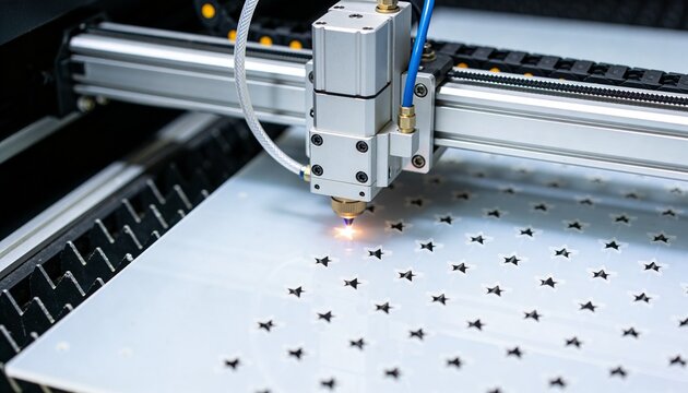 Cutting laser cutting head forming star perforations on pale sheet at workshop, gantry visible