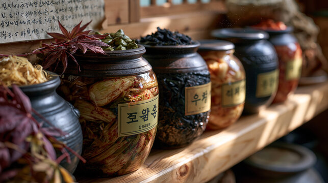 Assorted kimchi varieties in labeled earthenware urns along a sunlit basement shelf, dust motes in the air, a handwritten recipe pinned to the wall above, perfect for fermentation craft, Korean pant