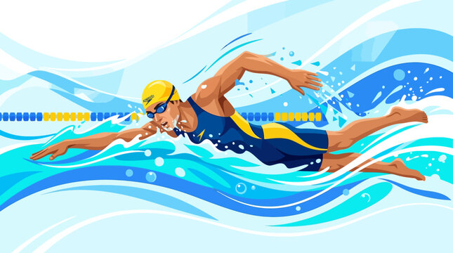 A dynamic flat vector illustration of a swimmer performing freestyle swimming in water.