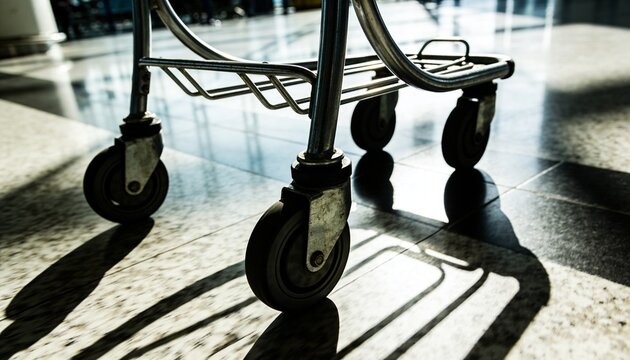 Showing metal trolley caster wheels turning slightly on tiled floor, casting long shadows