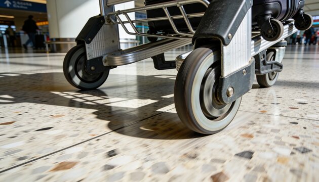Rolling trolley caster wheels moving across airport terrazzo floor with suitcase wheel and signage