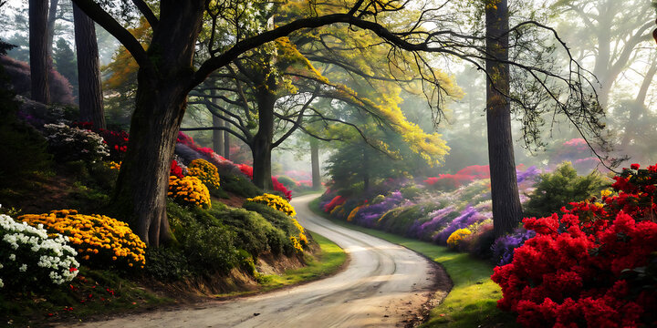 Scenic winding road through a forest bursting with colorful blooming azaleas Keywords: vector illustration