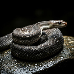 Obraz premium Dark coiled snake resting on a wet rock with detailed textured scales and dramatic lighting. High-detail reptile portrait ideal for wildlife themes, exotic animal visuals, and nature concepts.