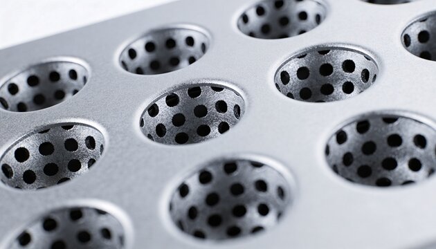 Showing metallic perforated plate in studio close-up, with countersunk circular recesses