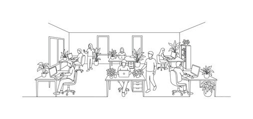 Obraz premium Diverse team collaborating in a modern, plant-filled co-working office space