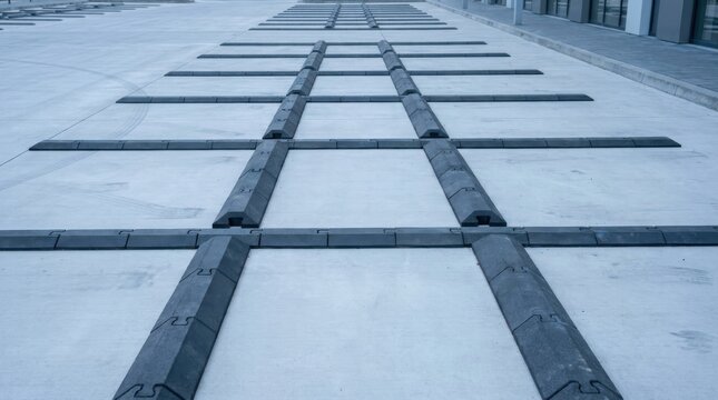 Rows of dark modular parking stops precisely arranged on a concrete lot, guiding vehicles