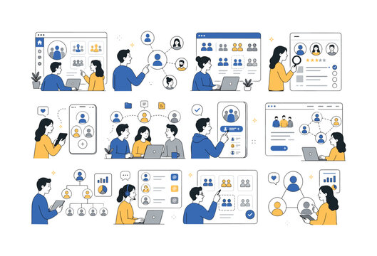 Team User Network. Business team, community and user group icons for apps, websites and collaboration platforms. 12 minimalist editorial vector scenes: a team views group avatar icons on a dashboard,